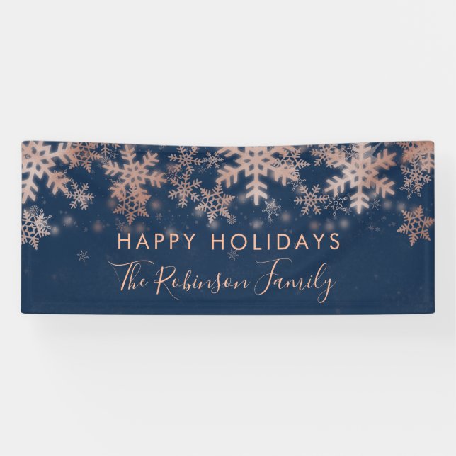 Holiday Family Rose Gold Navy Winter Snowflakes Banner (Horizontal)