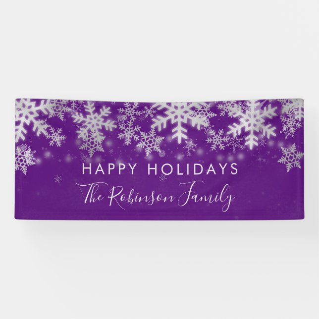 Holiday Family Silver Purple Winter Snowflakes Banner (Horizontal)