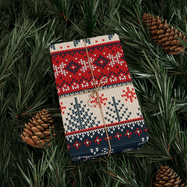 Holiday Faux Knit Christmas Red Navy Pattern Wrapping Paper (Cute Faux Knitting Pattern Christmas Wrapping Paper)