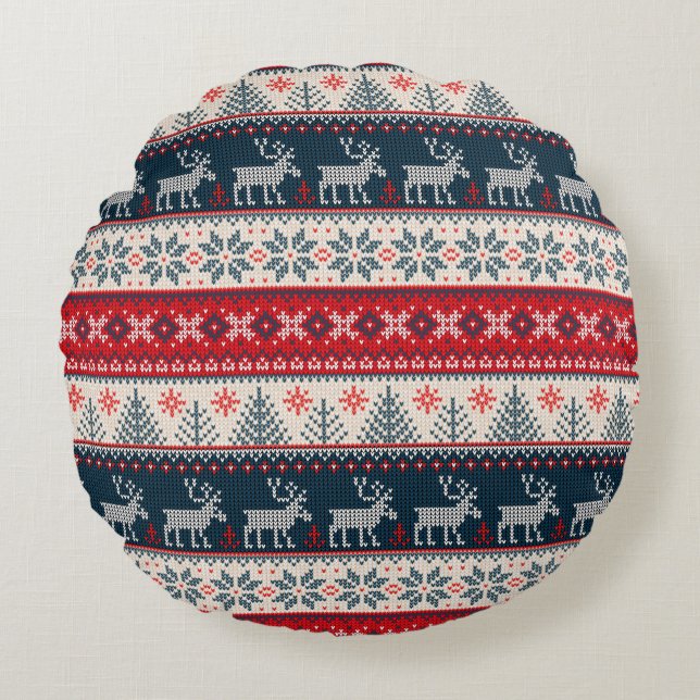 Holiday Faux Knit Pattern Nordic Theme Christmas Round Cushion (Front)