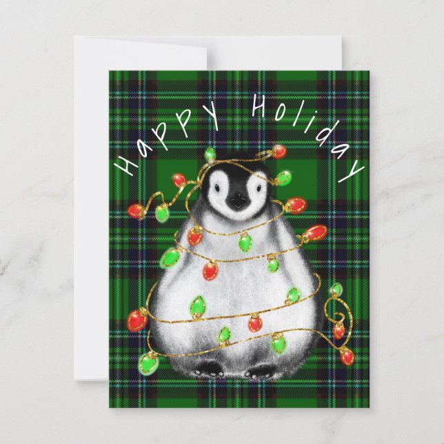 Holiday Festive Penguin, twinkle red green lights  Card (Front)