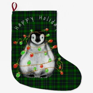 Holiday Festive Penguin, twinkle red green lights  Large Christmas Stocking