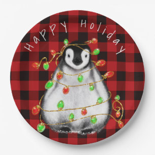 Holiday Festive Penguin, twinkle red green lights Paper Plate
