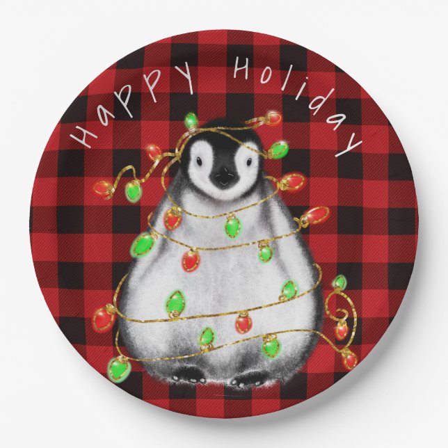 Holiday Festive Penguin, twinkle red green lights Paper Plate (Front)