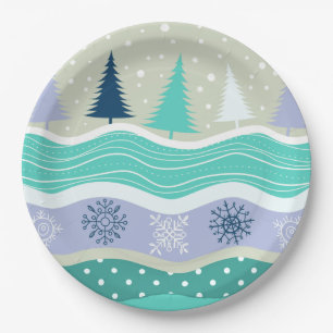 Holiday Fir Trees Snowflakes Snow Christmas Paper Plate