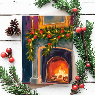 Holiday Fireplace   Christmas Garland Painted Card