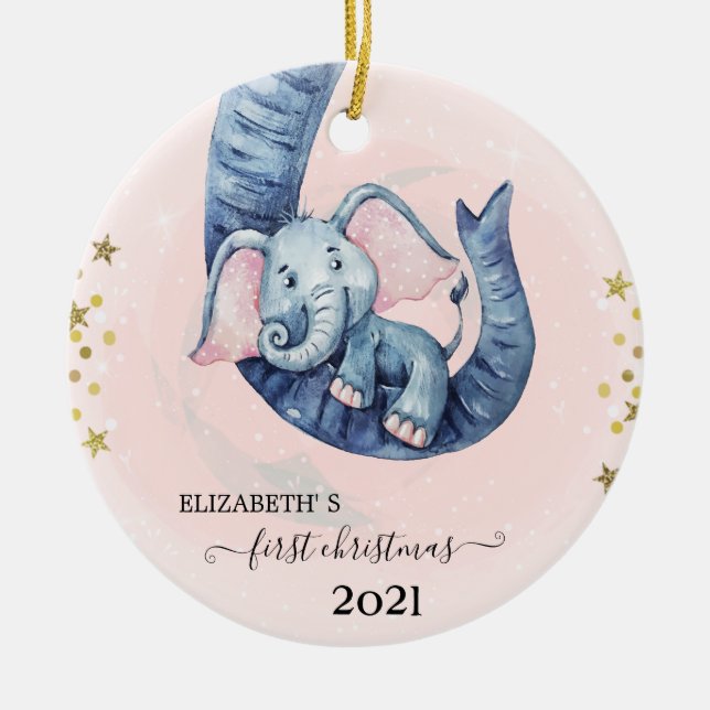 Holiday First Christmas Baby Elephant Ceramic Tree Decoration (Front)