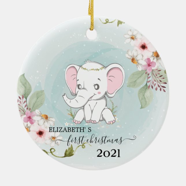 Holiday First Christmas Baby Elephant Flowers Ceramic Tree Decoration (Back)