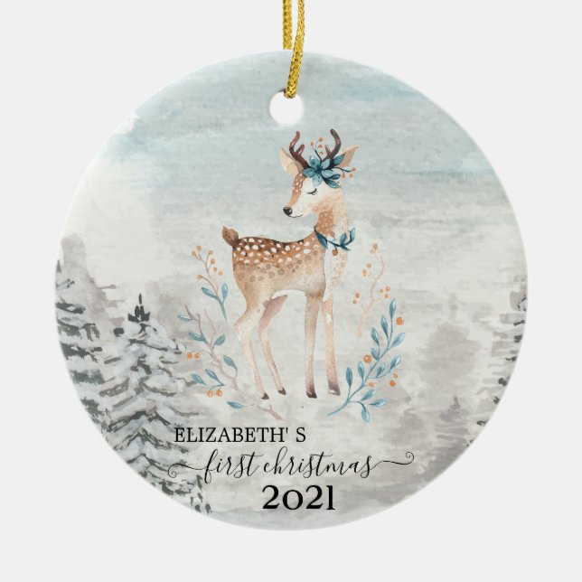 Holiday First Christmas Baby Reindeer Ceramic Tree Decoration (Front)
