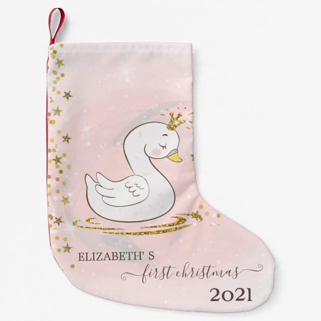 Holiday First Christmas Baby Swan Small Christmas Stocking (Front)
