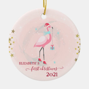 Holiday First Christmas Pink Flamingo Santa Hat Ceramic Tree Decoration