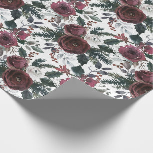 Holiday Floral Burgundy Roses Green Pine and Holly Wrapping Paper