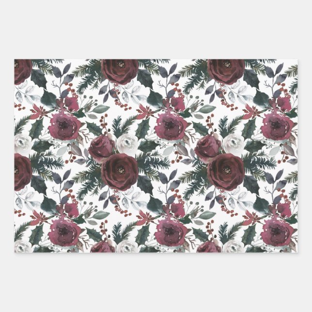 Holiday Floral Burgundy Roses Green Pine and Holly Wrapping Paper Sheet (Front)