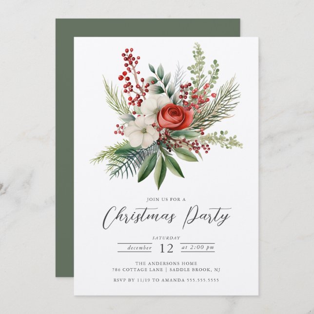 Holiday Floral Christmas Party Invitation (Front/Back)