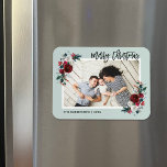 Holiday Floral Christmas Photo Magnet<br><div class="desc">Custom magnetic holiday photo cards with simple templates for customisation. This festive design features an elegant watercolor floral border in red, green and burgundy colours on a mint background. The text reads "Merry Christmas" in a modern calligraphy script font. Personalise it with your photos, name, the year or other custom...</div>