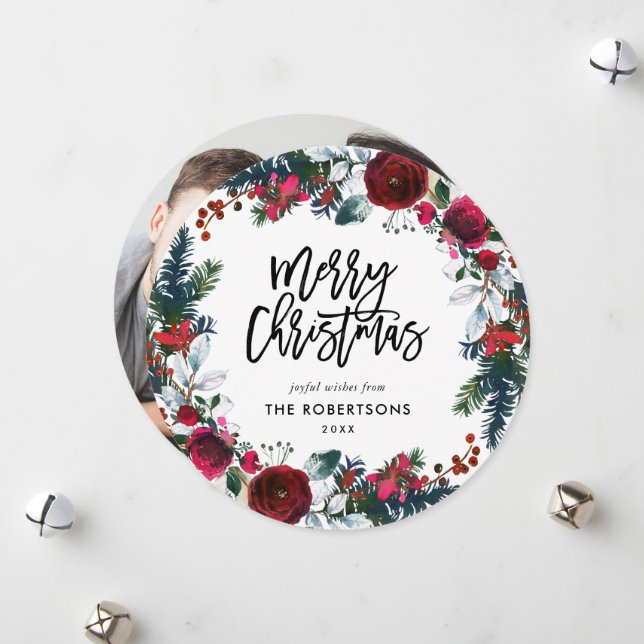Holiday Floral Christmas Wreath Circle Photo (Front/Back In Situ)