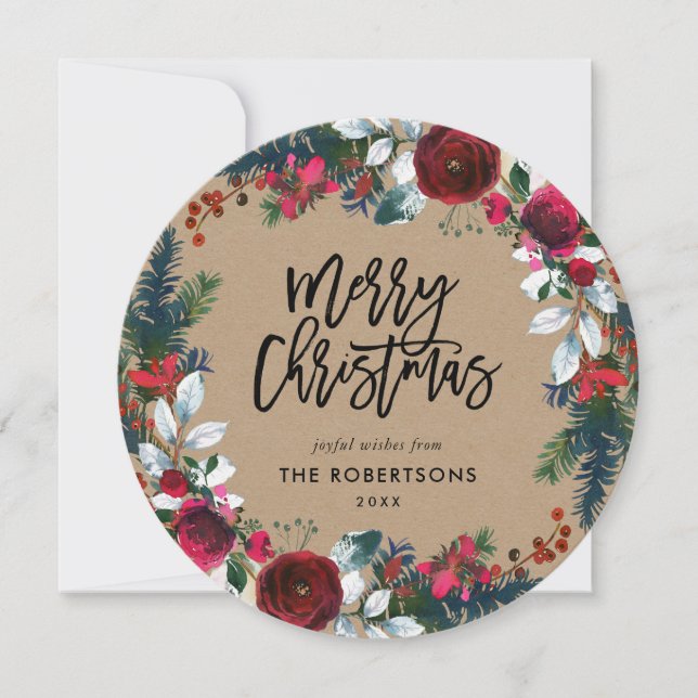 Holiday Floral Christmas Wreath Circle Photo Card (Front)