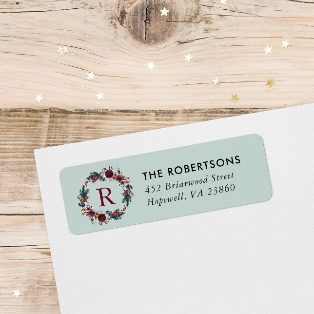 Holiday Floral Christmas Wreath Monogram Address (Creator Uploaded)