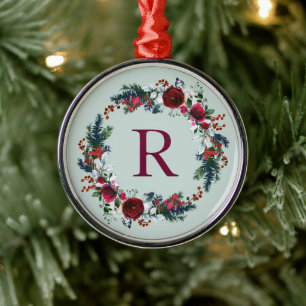 Holiday Floral Christmas Wreath Monogram Metal Tree Decoration