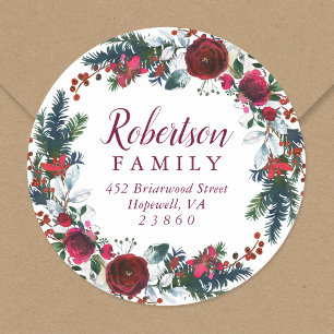 Holiday Floral Christmas Wreath Return Address Classic Round Sticker