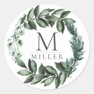 Holiday Floral Eucalyptus Initial Monogram Classic Round Sticker