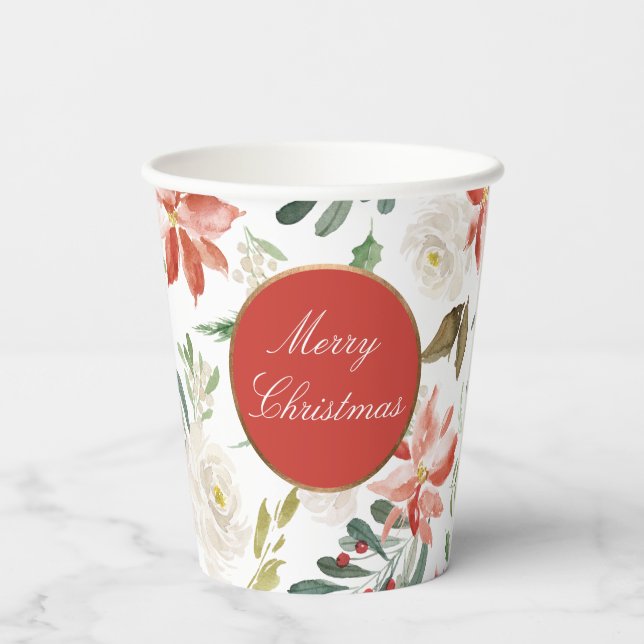 Holiday Floral Festive Merry Christmas Paper Cups (Back)