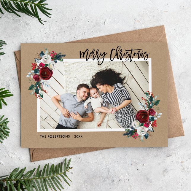 Holiday Floral Magnetic Christmas Photo Card (Creator Uploaded)