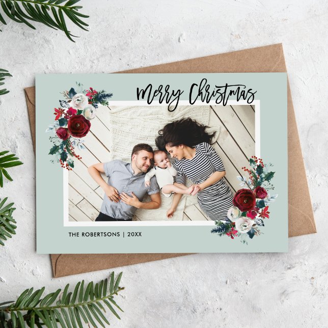 Holiday Floral Magnetic Christmas Photo Card (Creator Uploaded)