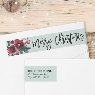 Holiday Floral Merry Christmas Wrap Around Label