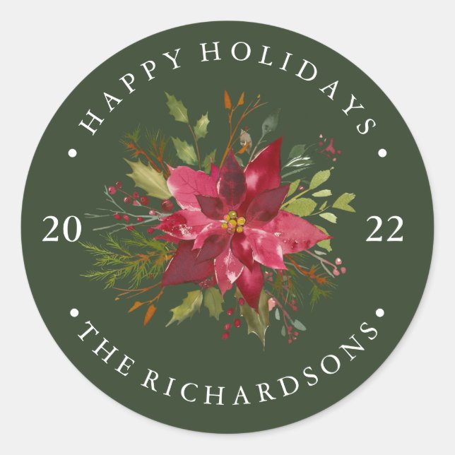 Holiday Floral Poinsettia Dark Green Classic Round Sticker (Front)