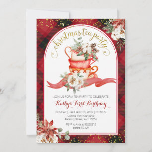 Holiday Floral Red Plaid Winter Birthday Tea Invitation