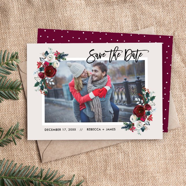 Holiday Floral Save the Date Photo Card (Creator Uploaded)