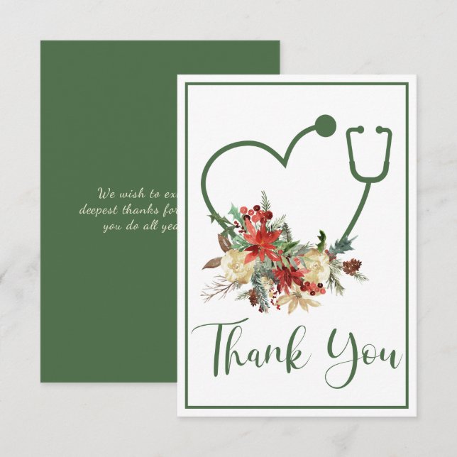 Holiday Floral Stethoscope Heart Thank You Card (Front/Back)