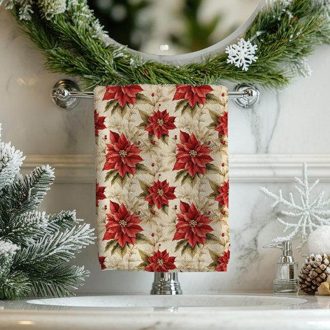 Holiday Floral Tablecloth Classic Red Poinsettias Bath Towel Set (Holiday Floral Tablecloth Classic Red Poinsettias)