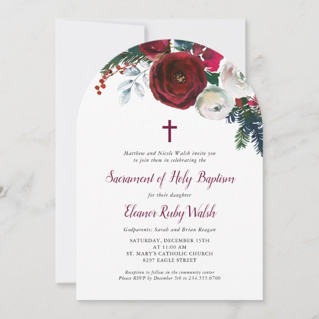 Holiday Floral Winter Baptism Invitation (Front)