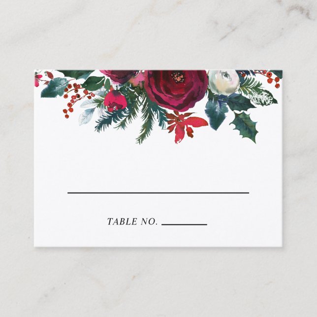 Holiday Floral Winter Wedding Escort Cards (Front)
