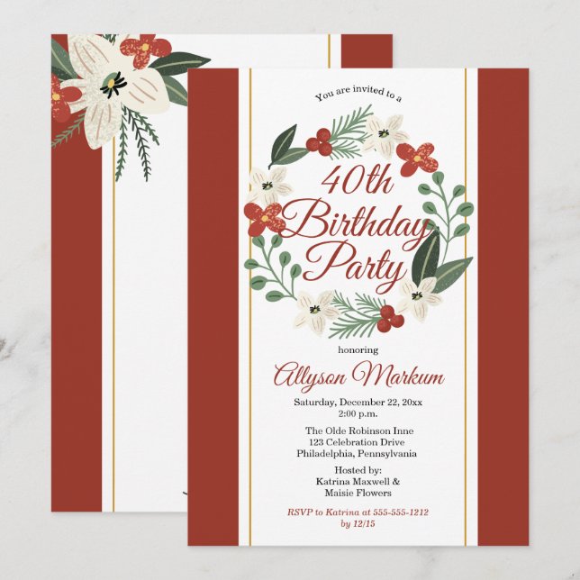 Holiday Floral Wreath 40th Birthday Party Invitation (Front/Back)