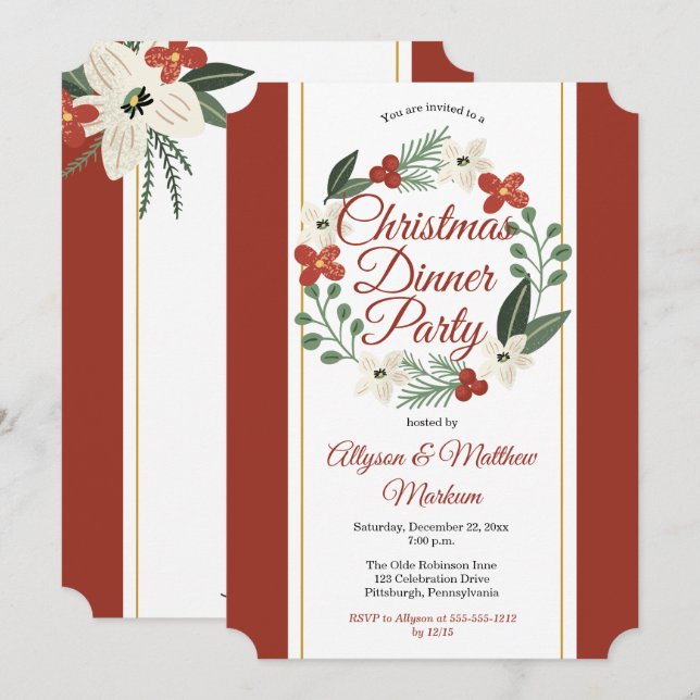 Holiday Floral Wreath Christmas Dinner Party Invitation (Front/Back)