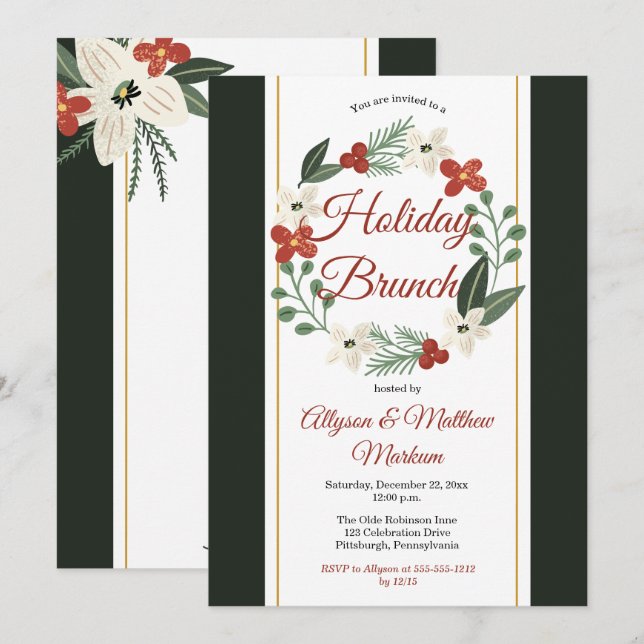Holiday Floral Wreath Christmas Holiday Brunch Invitation (Front/Back)