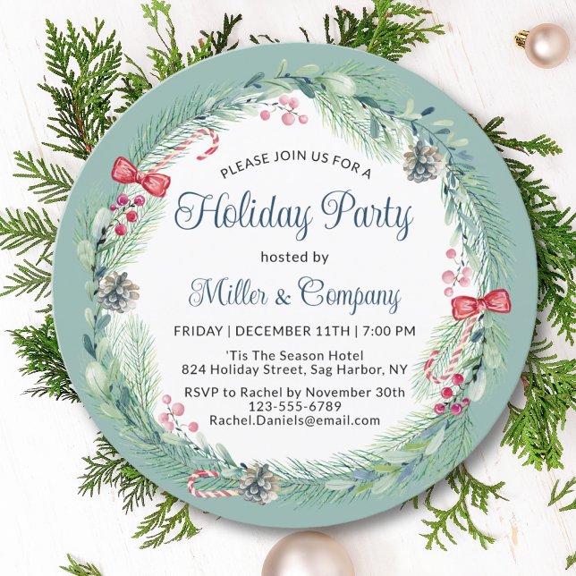 Holiday Floral Wreath Corporate Christmas Party Invitation (Creator Uploaded)