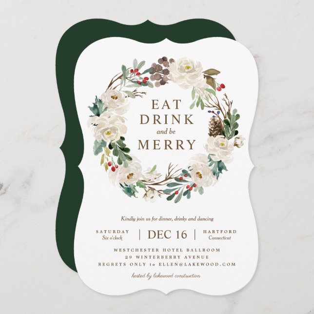Holiday Floral Wreath Party Invitation (Front/Back)