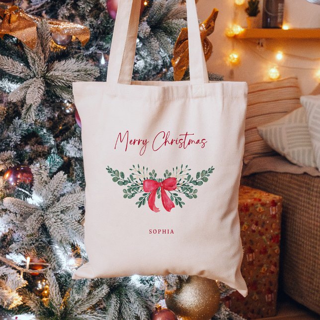 Holiday Foliage and Red Bow | Merry Christmas Tote Bag (Creator Uploaded)