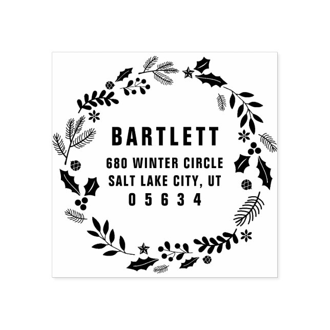 Holiday Foliage Wreath Return Address Rubber Stamp (Imprint)
