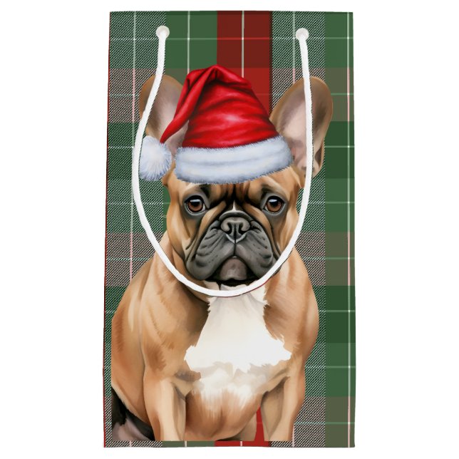 Holiday French Bulldog and Festive Plaid Christmas Small Gift Bag (Front)