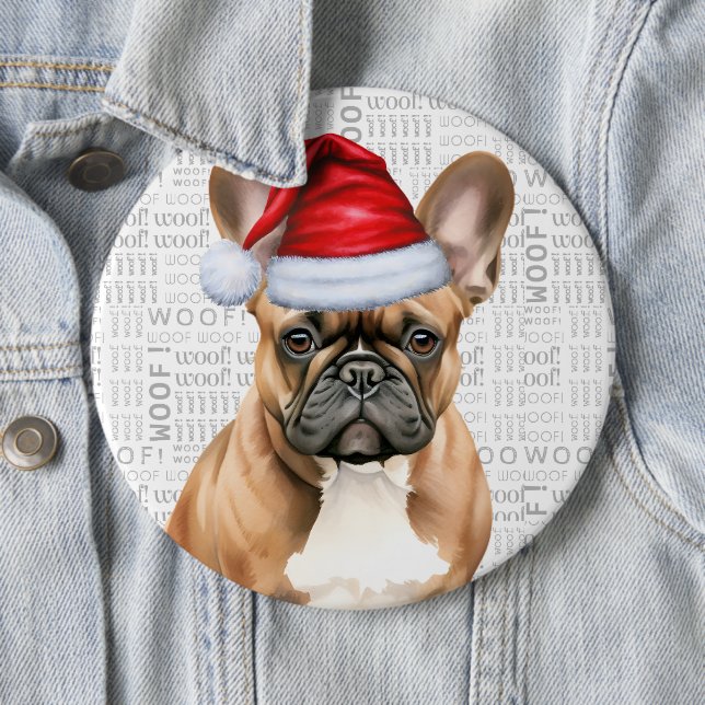 Holiday Frenchie Santa Dog on Woof Background 6 Cm Round Badge (In Situ)