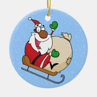 Holiday Fun Black Santa Claus Riding Sled Ceramic Tree Decoration
