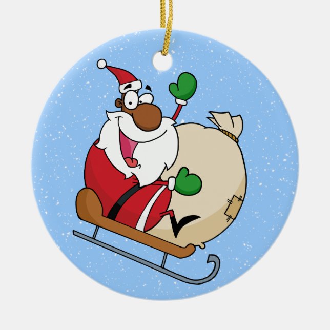 Holiday Fun Black Santa Claus Riding Sled Ceramic Tree Decoration (Front)