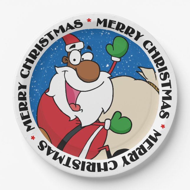 Holiday Fun Black Santa Claus Riding Sled Paper Plate (Front)