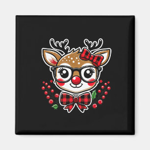 Holiday Fun Cute Christmas Reindeer With Plaid Bow Magnet