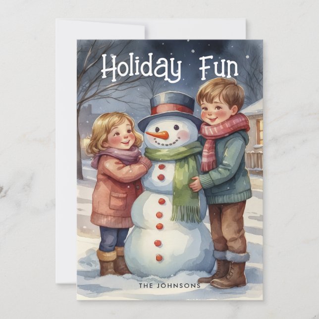 Holiday Fun Kids Building Snowman Christmas Card (Front)